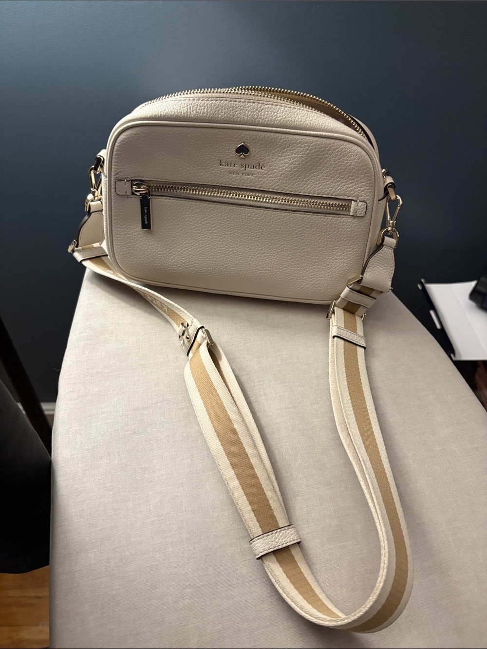 kate spade Cream Pebbled Leather Crossbody with Striped Strap